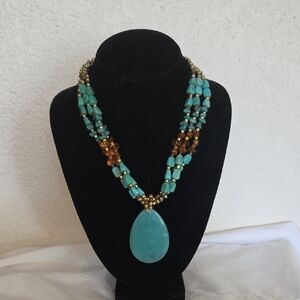 Turquoise and Brown Plastic  Beaded Necklace